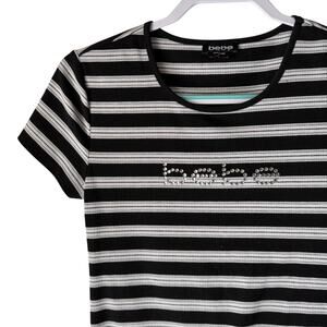 Bebe Shirt Y2k Bling M Black White Striped Rhinestone Logo Stretch Fitted Tee